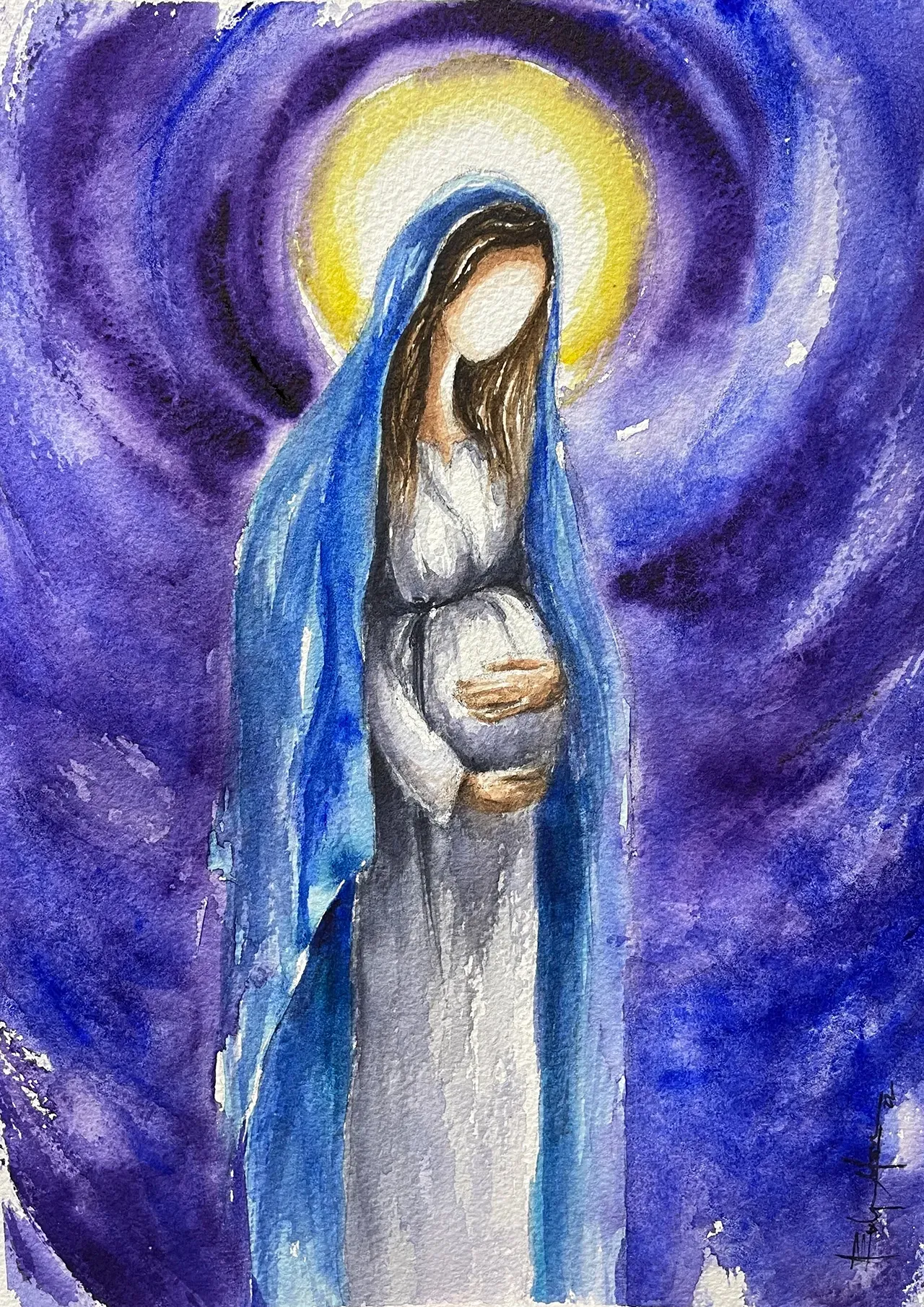 A watercolor painting of a pregnant figure in a blue robe, cradling their abdomen against a glowing, dark purple background.