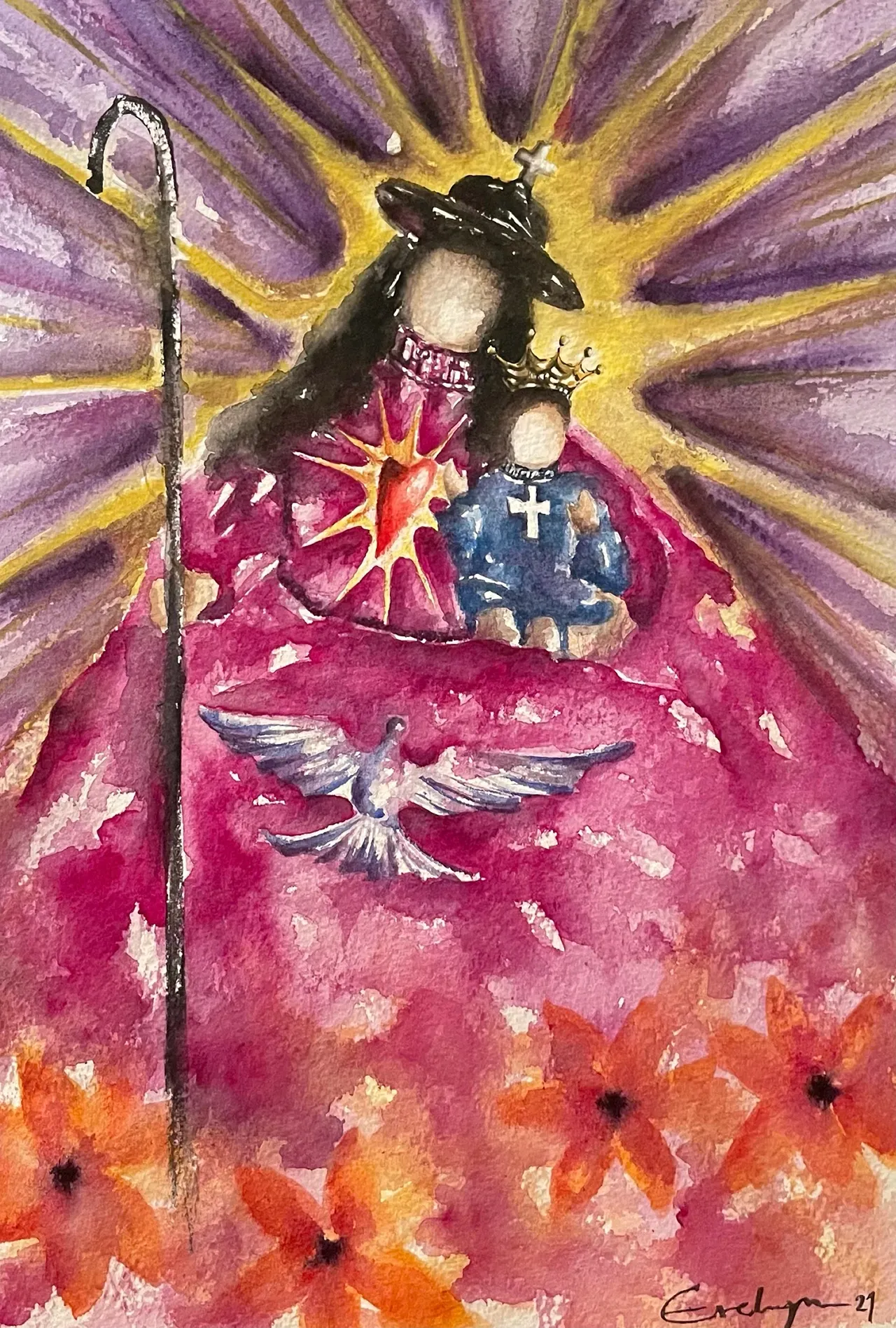 A watercolor painting showing a stylized religious figure, a small child, a dove, a staff, and orange flowers on a purple background.