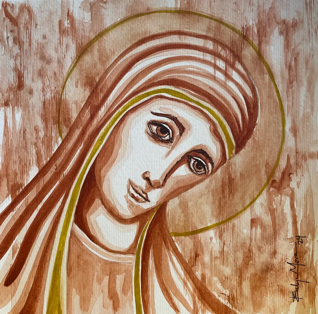 A sepia-toned icon painting of a figure with a halo, depicted with a gentle, downward gaze and draped head covering.