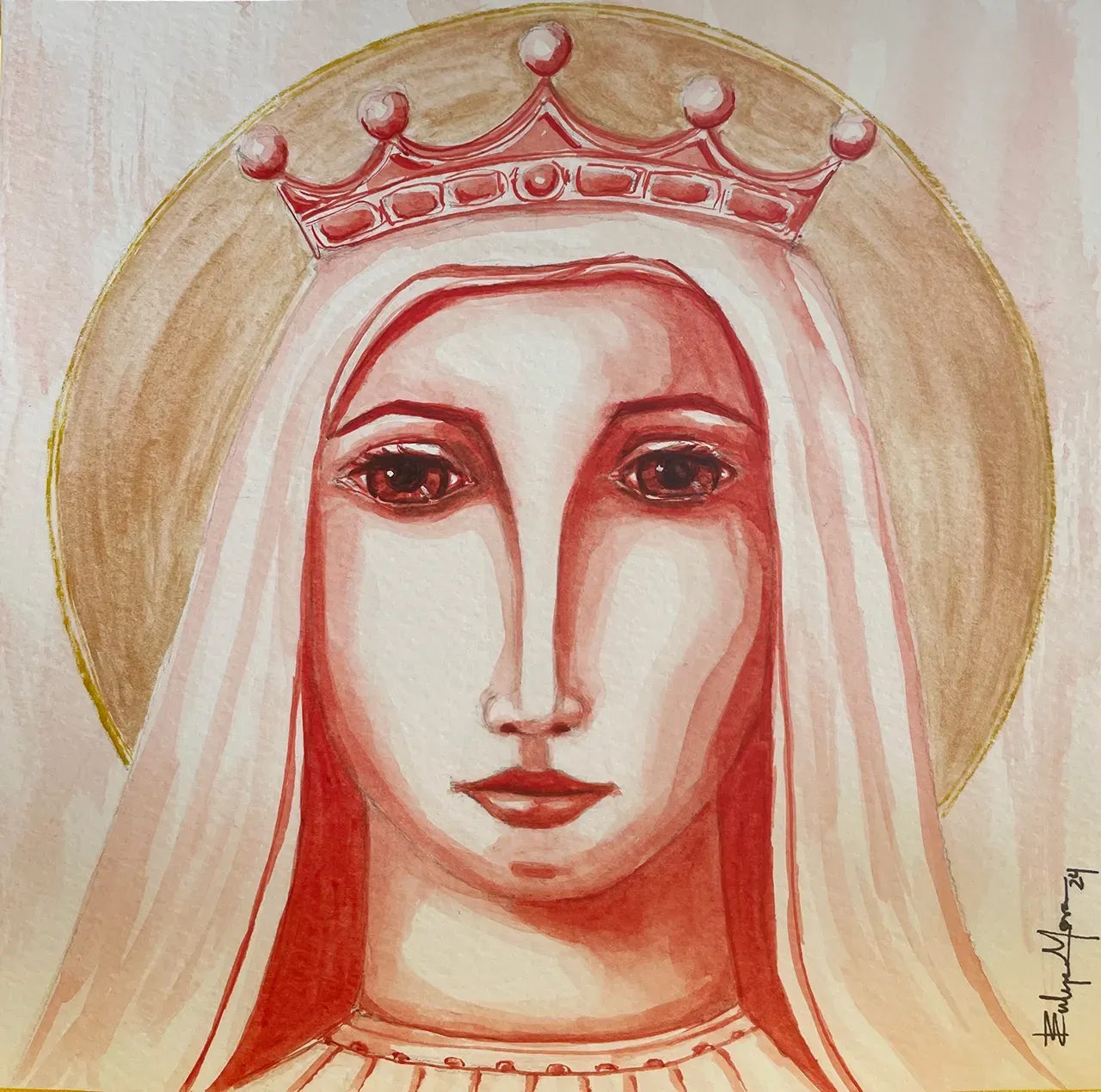 A stylized, reddish-toned painting of a crowned figure with a golden halo, centered against a soft, pale background.