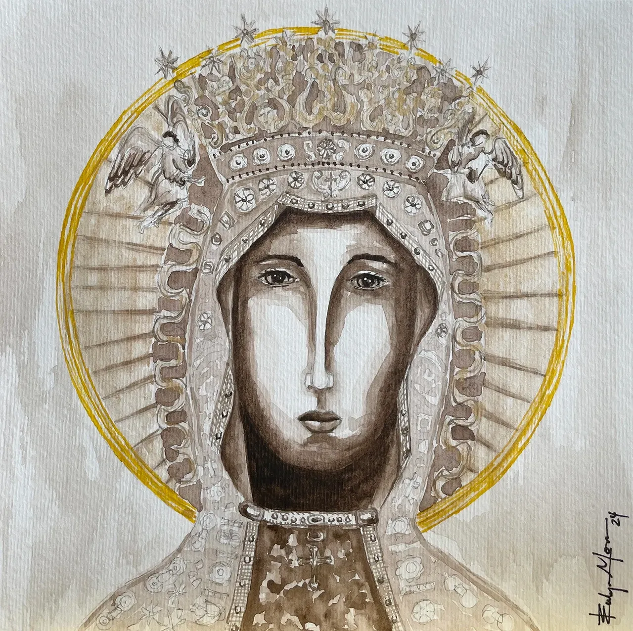 A stylized, monochrome painting of a crowned figure with a large gold halo, rendered in a traditional icon style.