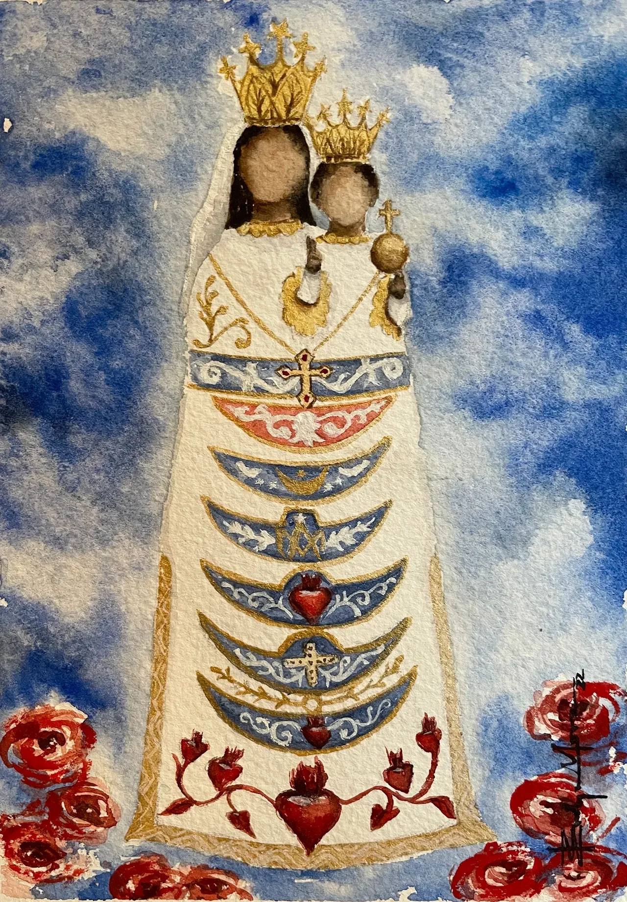 Watercolor of the crowned Virgin and Child in white robes featuring multiple heart icons, set against a blue cloudy sky.