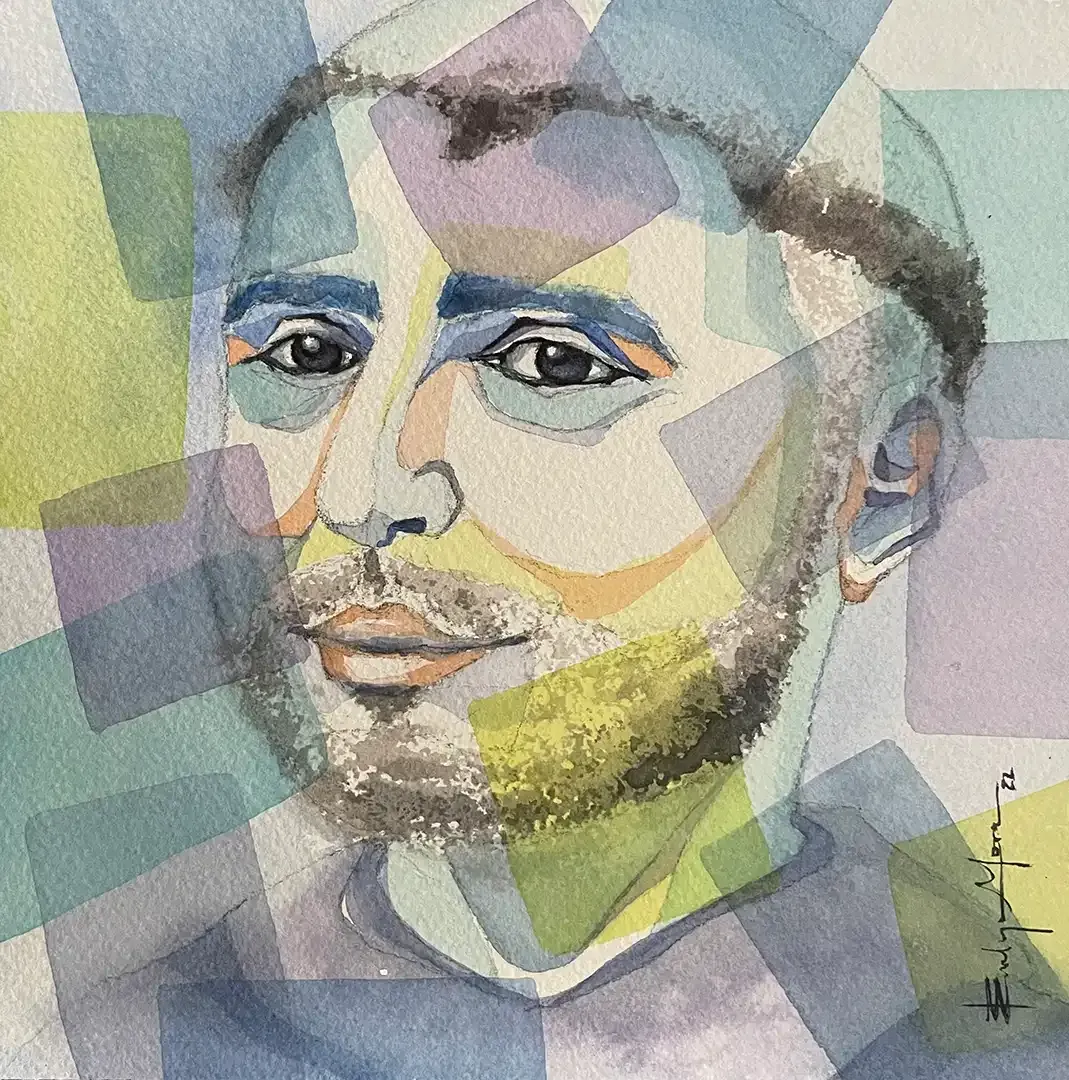 A watercolor painting of a man with a beard