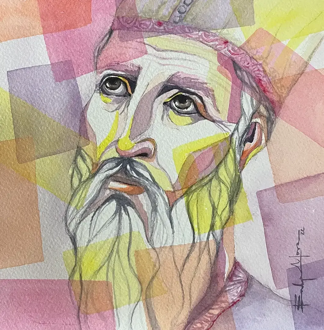 A watercolor painting of a man with a beard