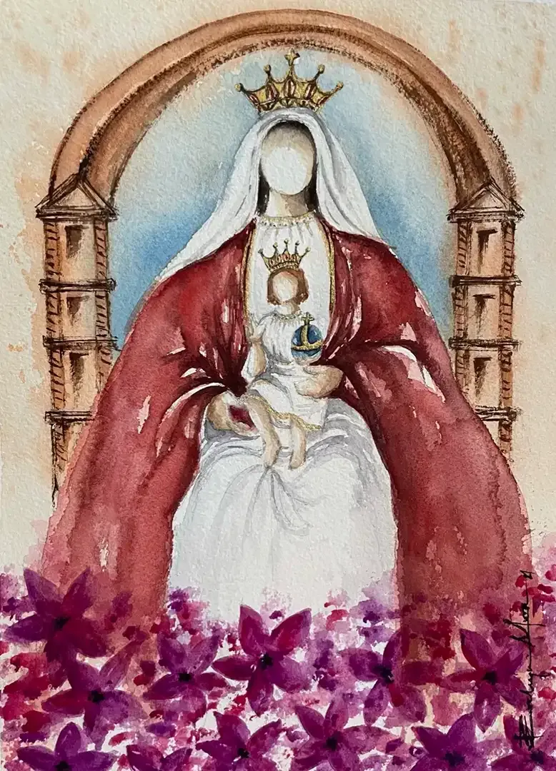 A painting of a woman holding a baby with purple flowers in the background