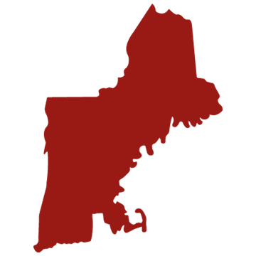 A red map of New England on a white background