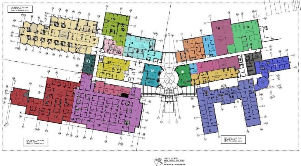 An aerial view of a building with many different colors