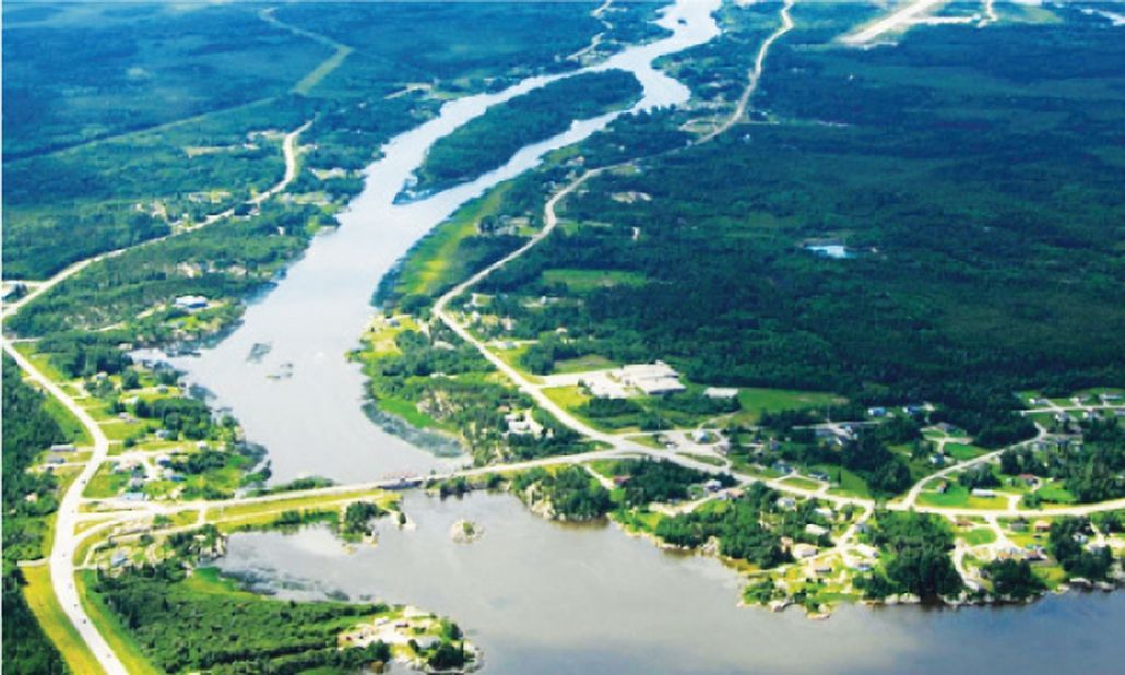 An aerial view of a river near NHCN Nanatawiwekamik Health Centre