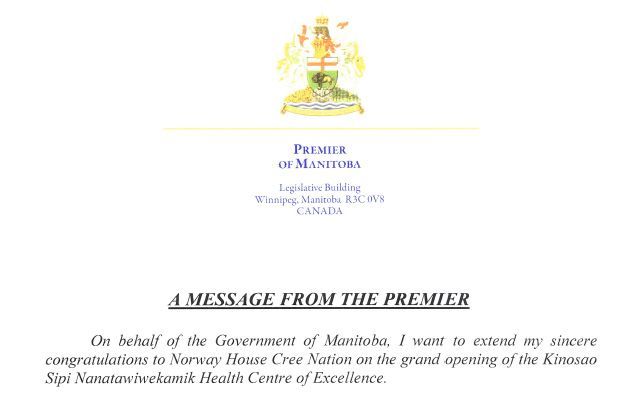 A message from the premier of manitoba