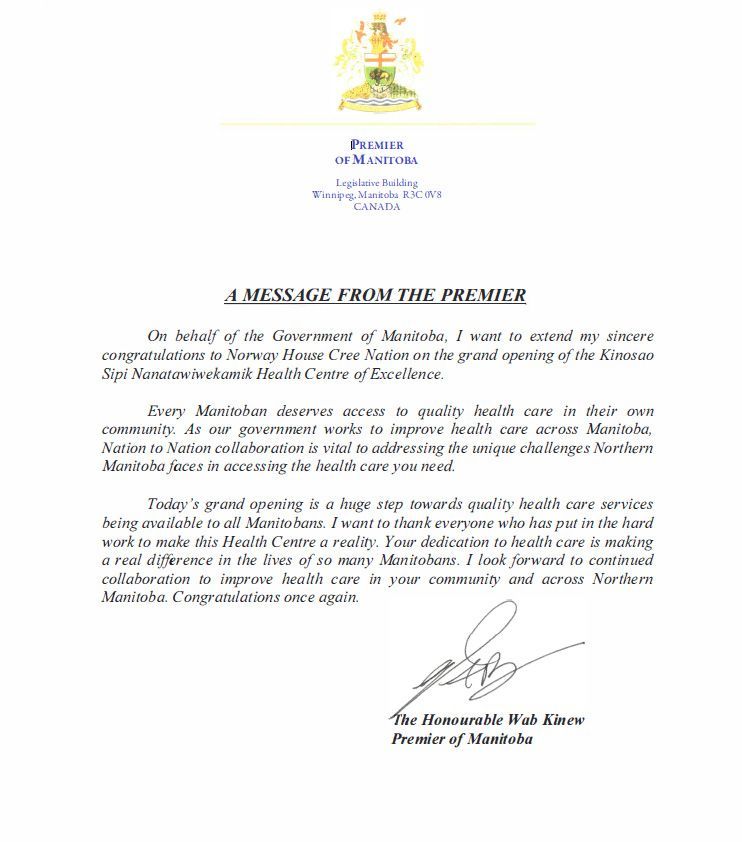 A message from the premier is written on a white background.