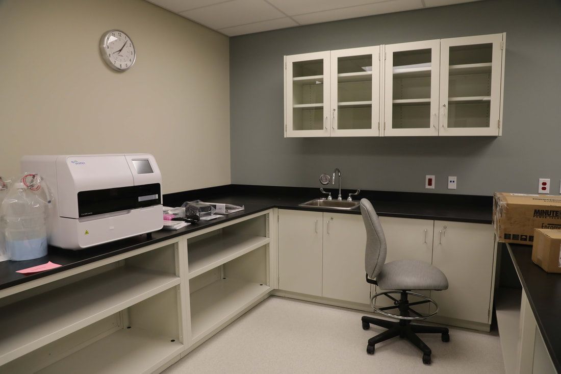 A laboratory with a clock on the wall and a chair.