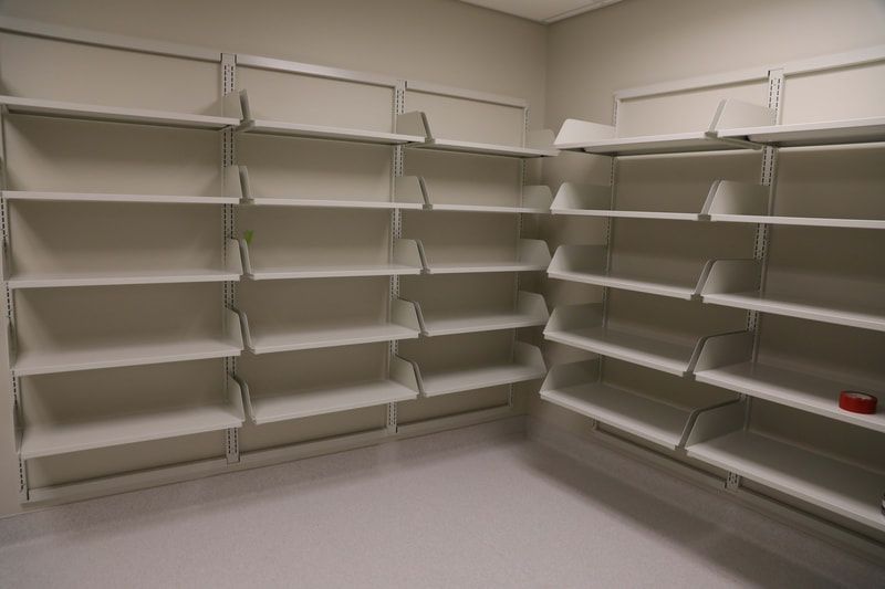 A room filled with lots of empty shelves