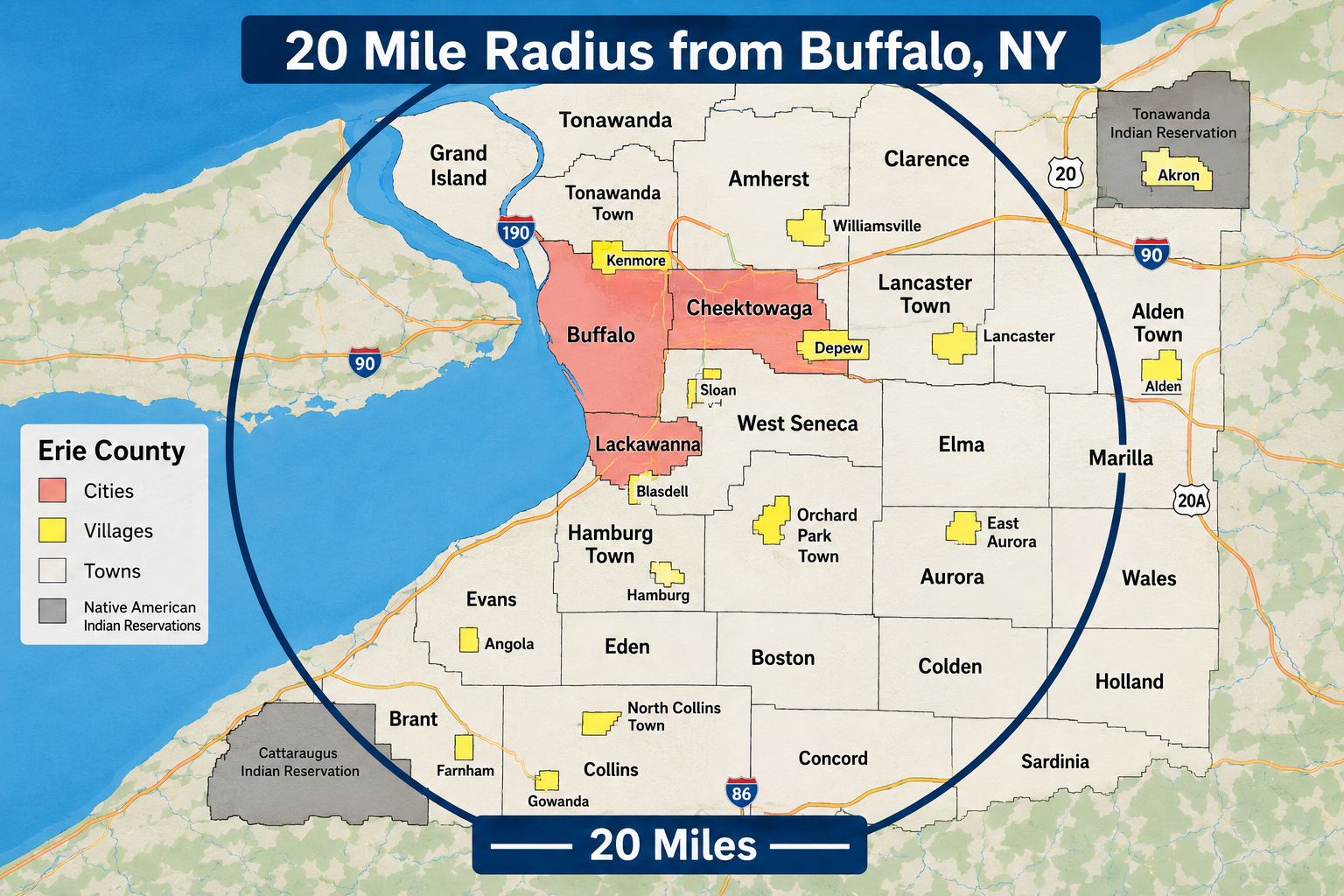 Map of Erie County, NY, with a 20-mile radius circle centered on Buffalo, highlighting nearby towns.
