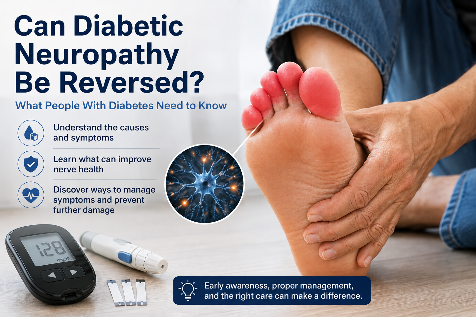 Infographic about diabetic neuropathy with feet, glucose meter, and nerve illustration on a blue background