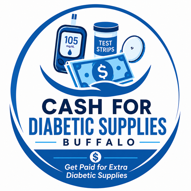Blue logo for Cash for Diabetic Supplies Buffalo with glucose meter, test strips, cash, and “Get Paid” text.