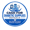 Logo for Cash for Diabetic Supplies Buffalo with blue glucose meter, test strips, and cash