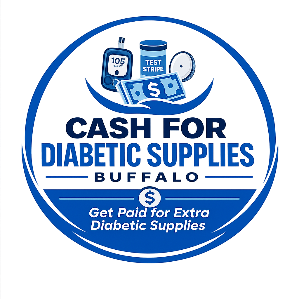 Logo for Cash for Diabetic Supplies Buffalo with blue glucose meter, test strips, and cash