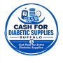 Logo for Cash for Diabetic Supplies Buffalo with blue glucose meter, test strips, and cash