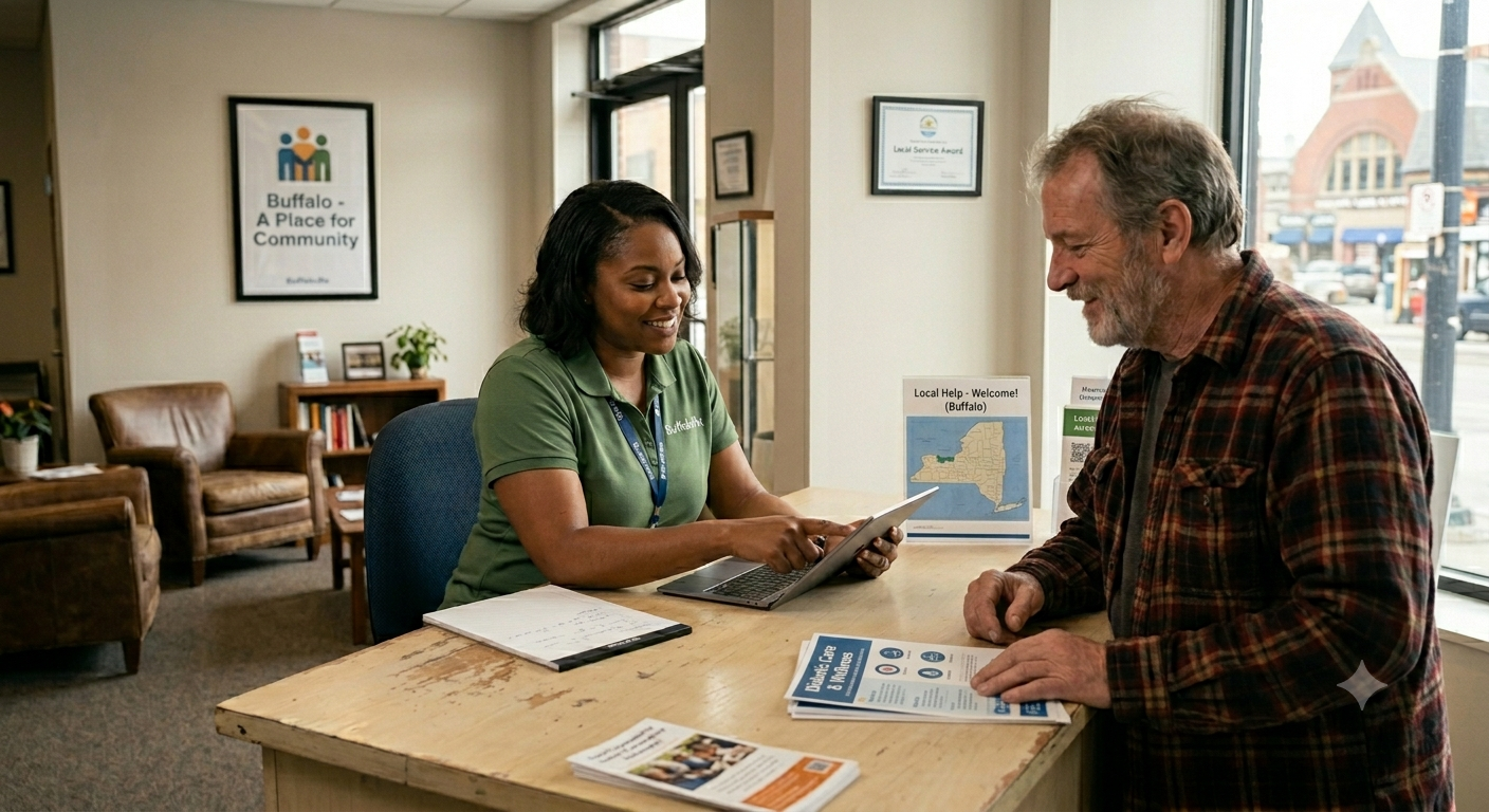 Two people discuss paperwork at a table in a bright office with brochures and a laptop.