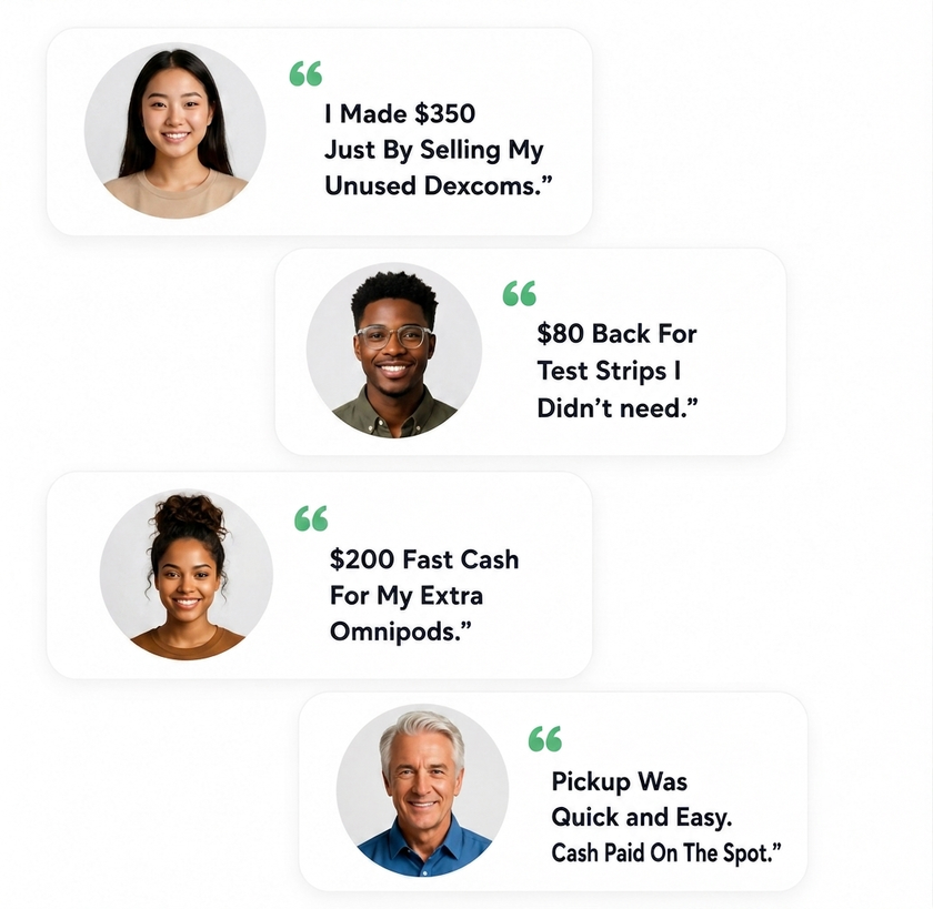 Four testimonial speech bubbles with headshots and quotes about earning cash from unused items and pickup service