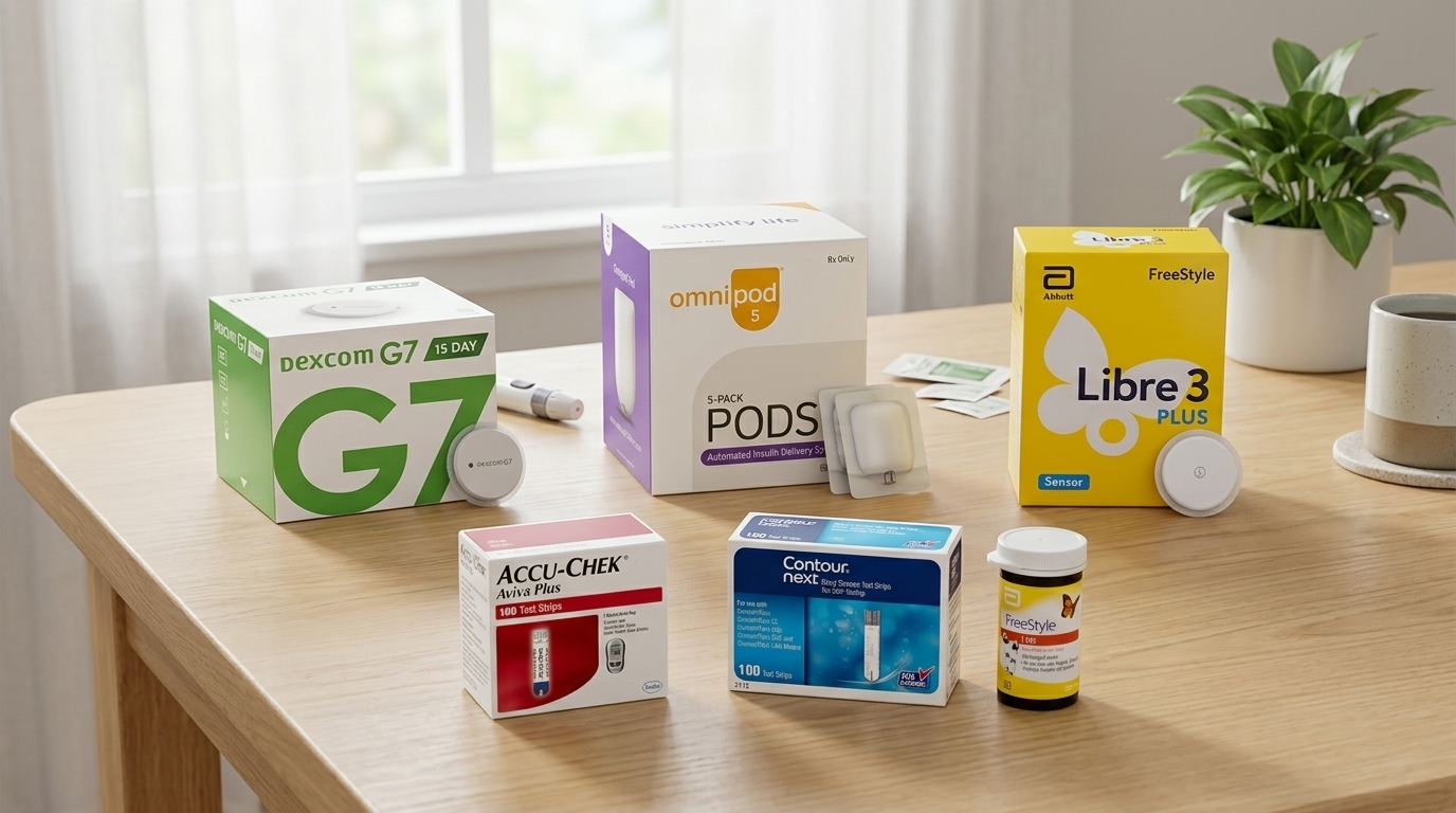 Assorted diabetes testing supplies on a wooden table by a window, including G7, Libre 3, and test strips.