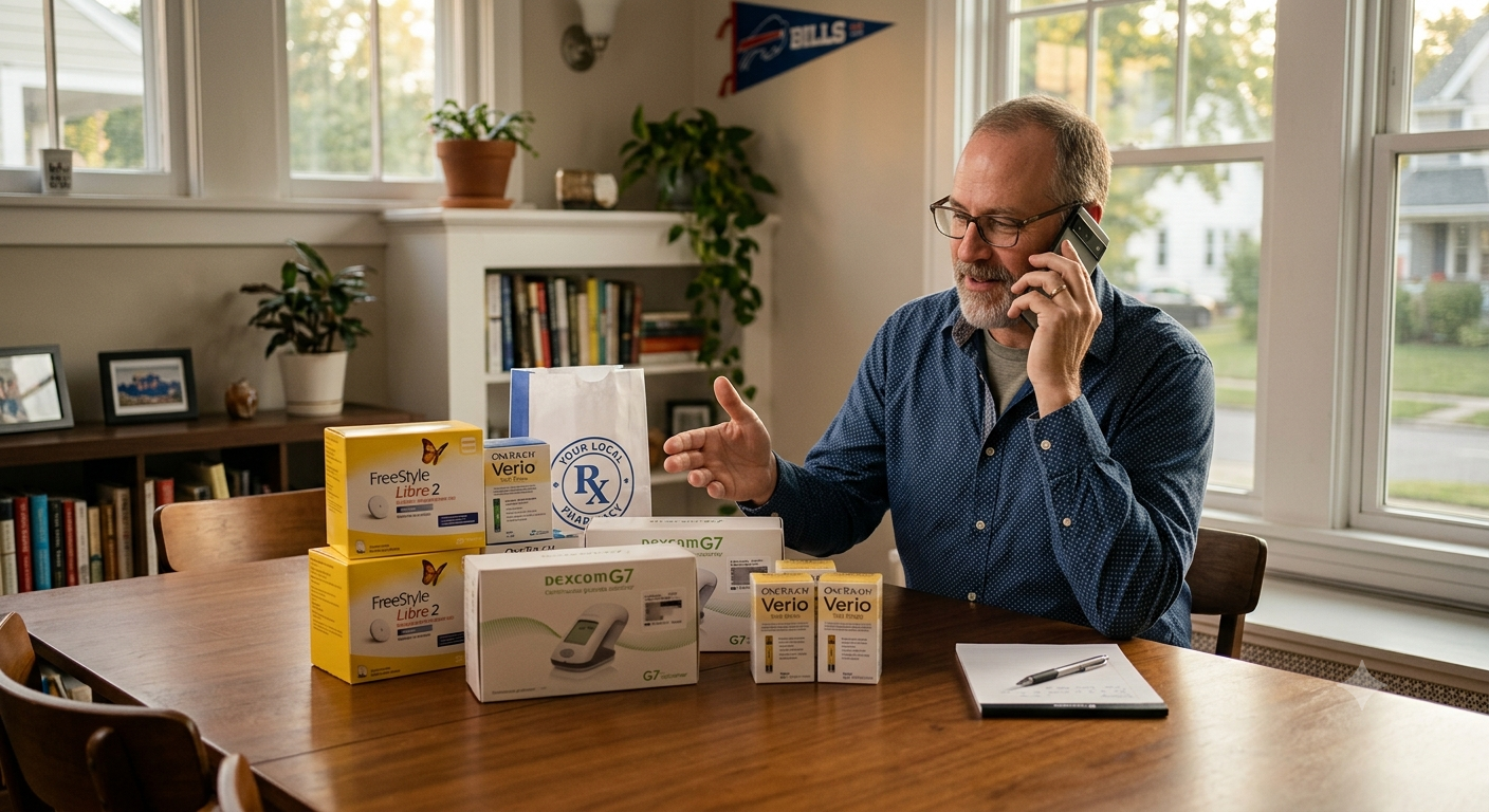 Man on a phone at a desk with product boxes in a sunlit home office