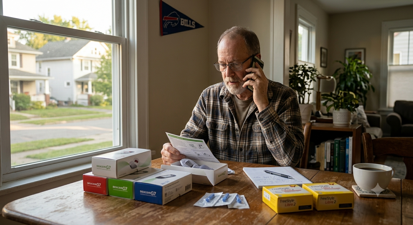 Man at a kitchen table talking on the phone, surrounded by diabetic supply boxes and blister packs.