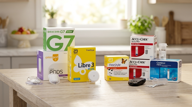 Assorted diabetic supplies on a kitchen table in a bright home setting