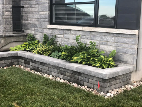 Stone planter box with various green plants in front of a building.