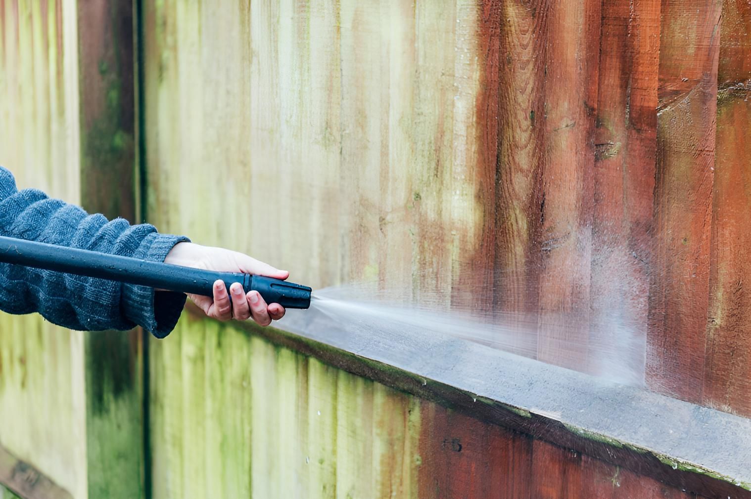 A Person is Using a High Pressure Washer to Clean a Wooden Fence — Porta-Vac in Airlie Beach, QLD