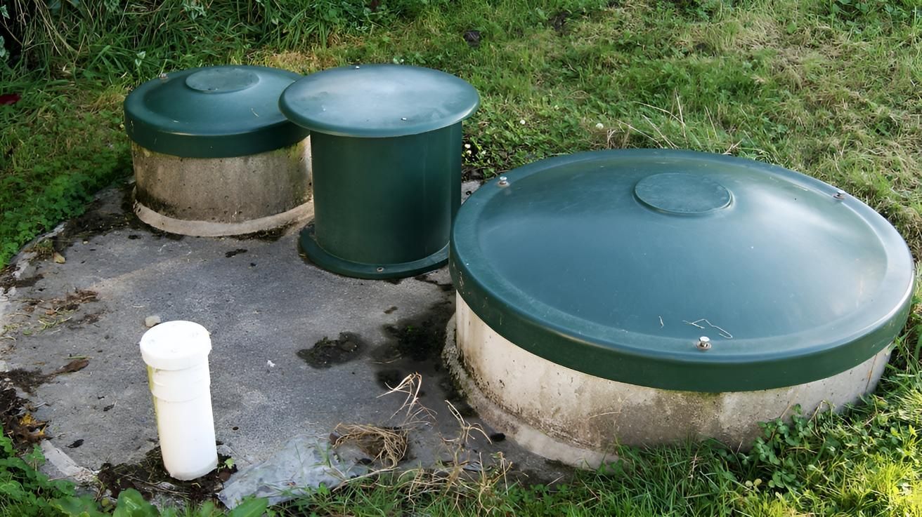A Septic Tank With Three Green Lids and a White Pipe in the Grass — Porta-Vac in Moranbah, QLD