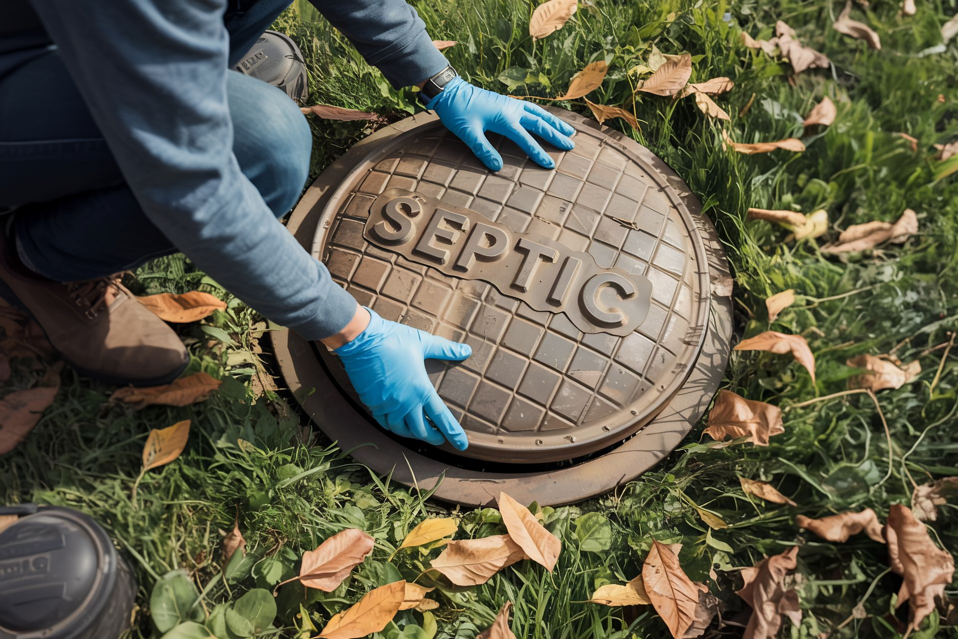 Professional technician opening a lid for a scheduled septic tank repair and inspection. Professional technician opening a lid for a scheduled septic tank repair and inspection.