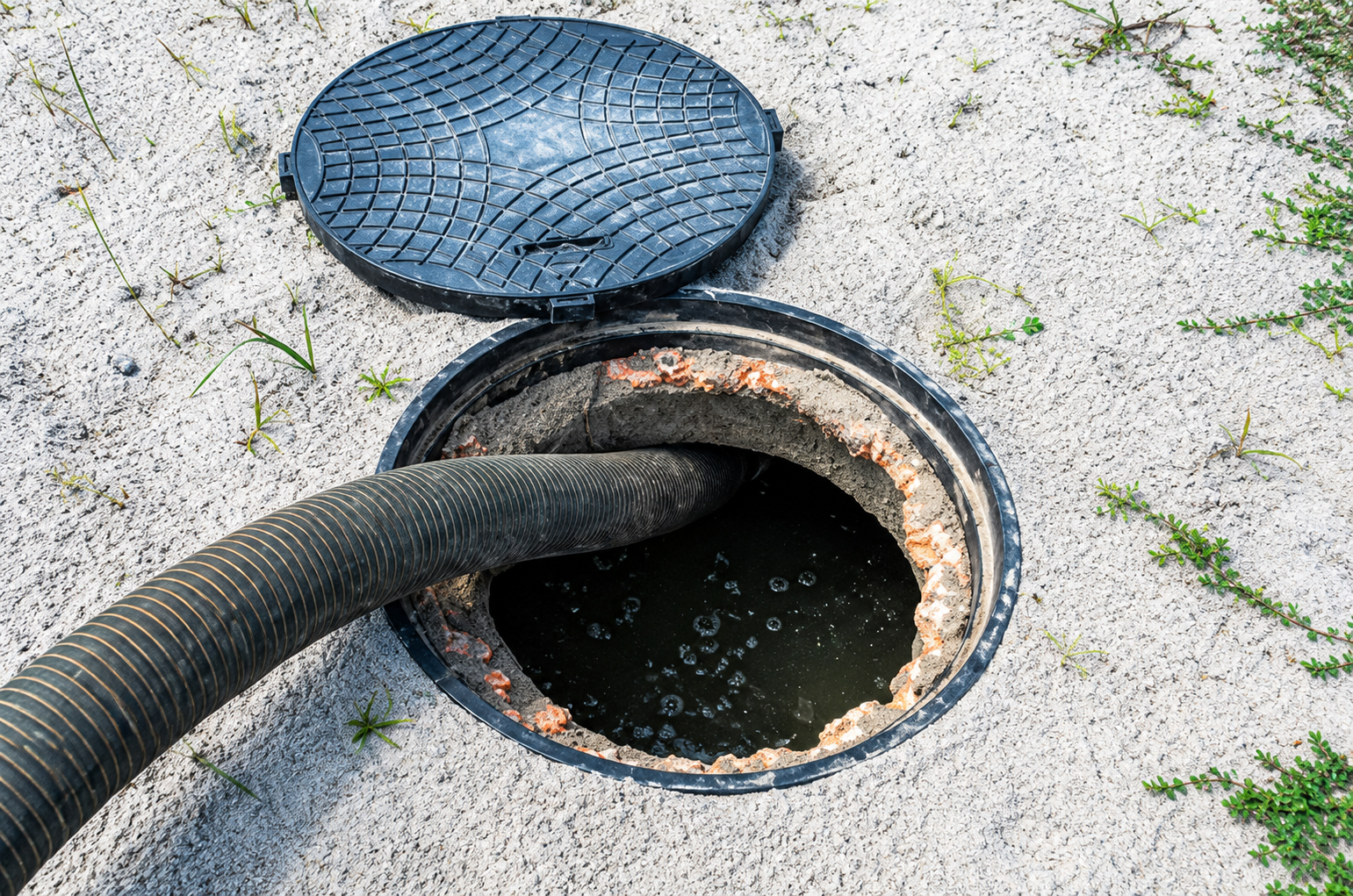 Septic tank pump out service with vacuum hose inserted into open access lid. Septic tank pump out service with vacuum hose inserted into open access lid.