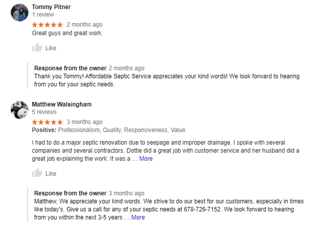 Google reviews: two customers and owner responses praising Affordable Septic Service's professionalism and work.