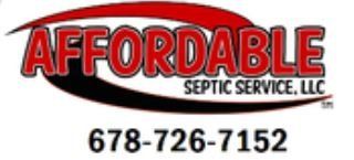Logo for Affordable Septic Service, LLC: red and black curved design with company name and phone number.