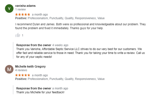 Customer reviews praising a septic service.