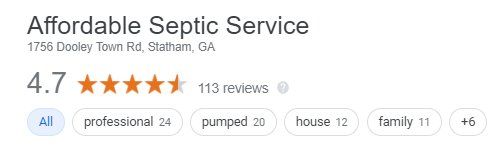 Affordable Septic Service with 4.7 stars and 113 reviews. Location: Statham, GA. Review keywords: professional, pumped, house, family.