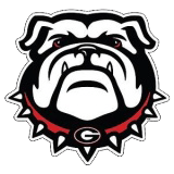 Georgia Bulldogs mascot, a black and white bulldog head with a red spiked collar and “G” emblem.