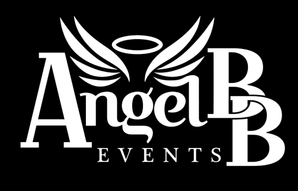 White logo for Angel BB Events: text with angel wings and halo.