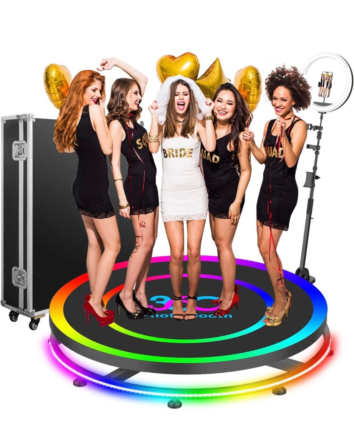 A bride and bridesmaids on a 360 photo booth. They're smiling, laughing. Balloons and lights surround them.