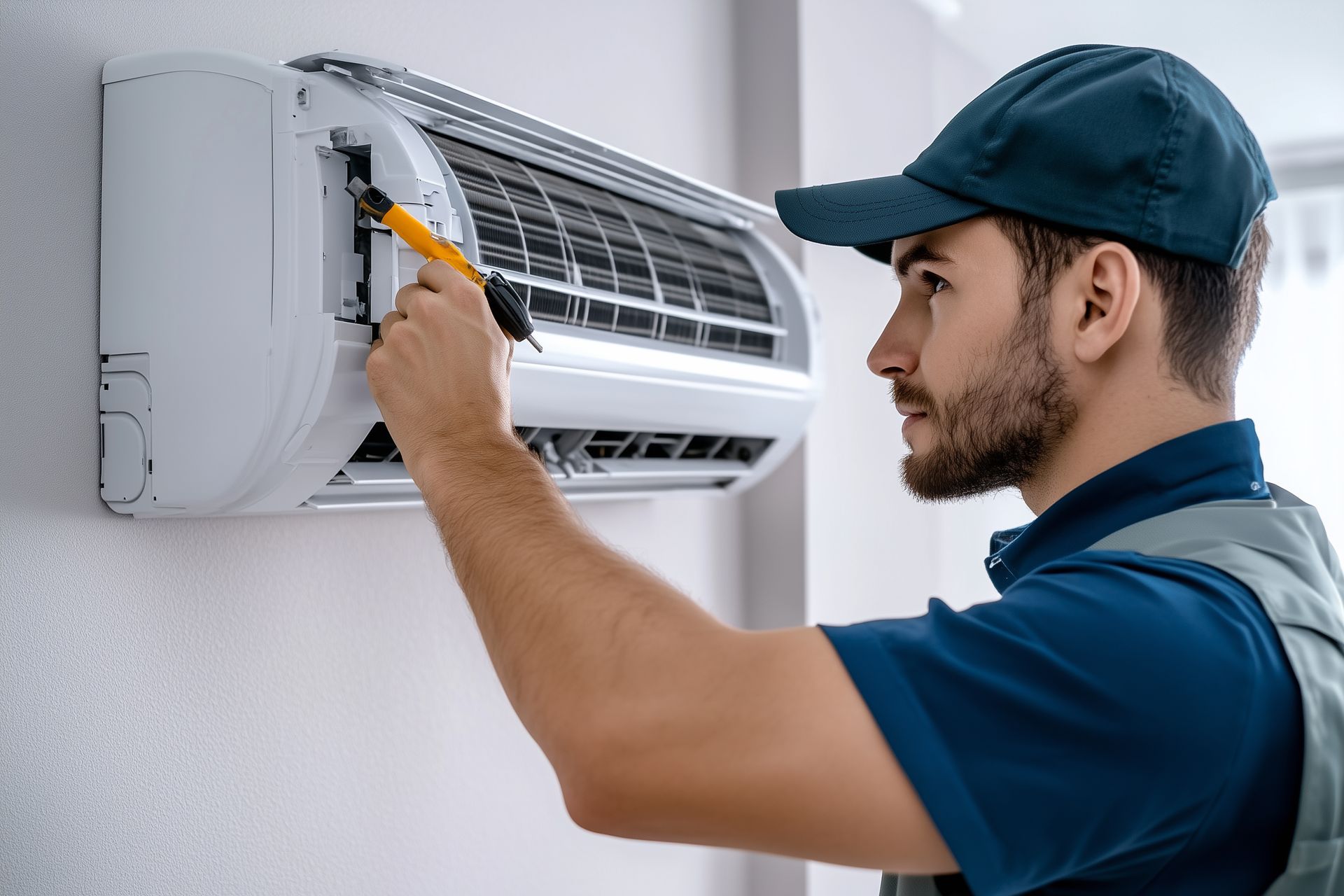 An air conditioning repair contractor fixing an air conditioner with tools in hand.