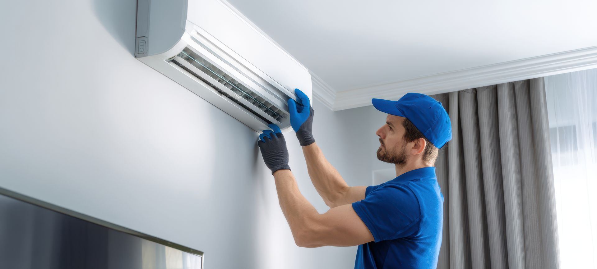 An air conditioning repair contractor fixing an air conditioner in a blue shirt and gloves.