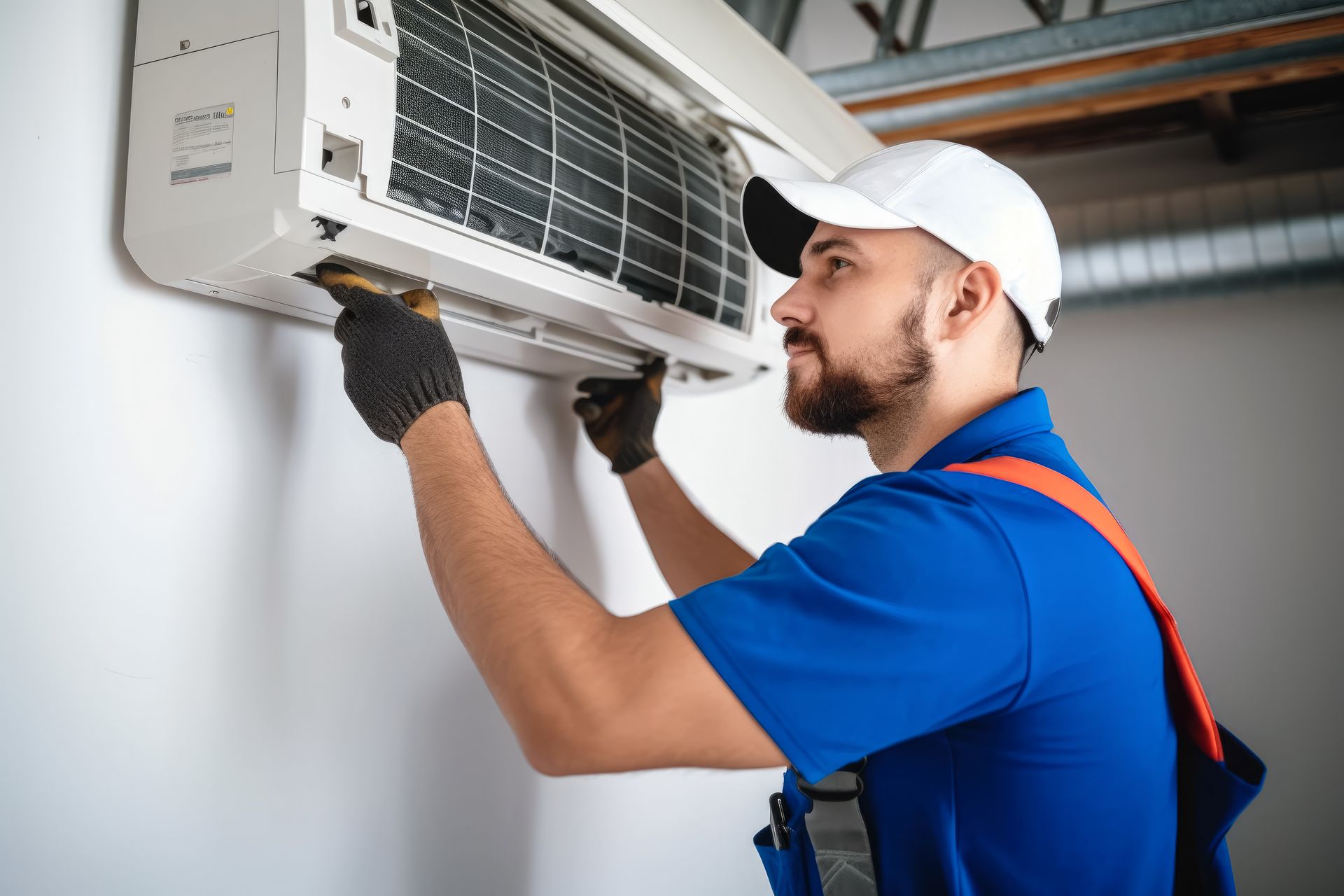 Technician installing an air conditioning unit at a residence. Technician installing an air conditioning unit at a residence.