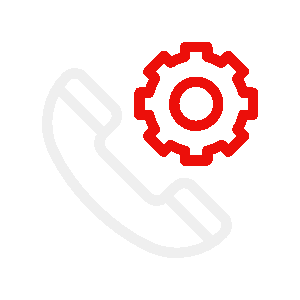 Gray phone handset with red gear icon, representing call settings or support options