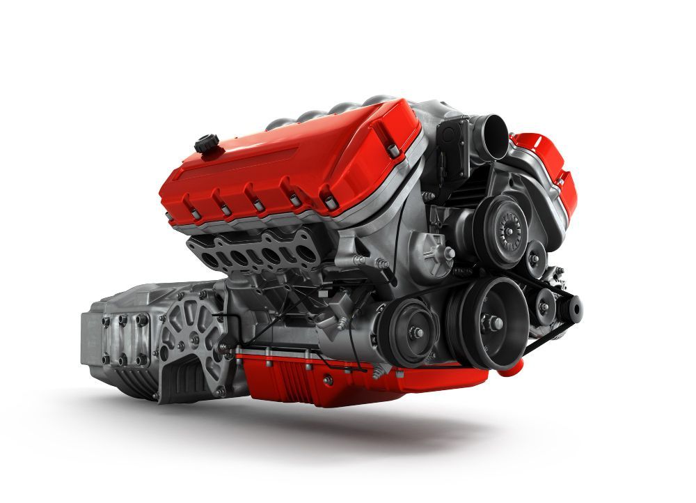 Red and gray LEGO-style engine model isolated on a white background