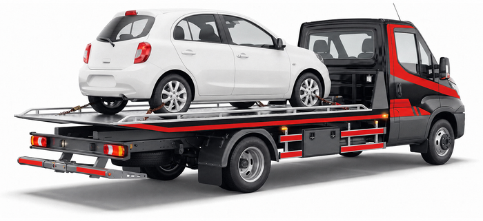 Red tow truck carrying a white compact car on a flatbed