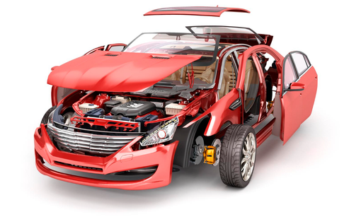 Red car with front end badly damaged, hood open, and side doors ajar on a white background