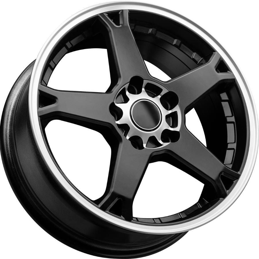 Black and silver five-spoke alloy car wheel rim on a white background