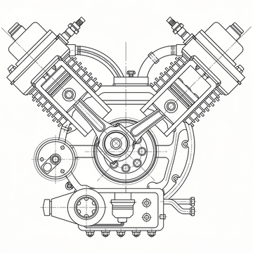 Technical line drawing of a V-twin engine with two angled cylinders and central crankshaft components