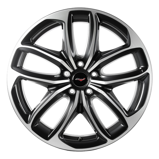 Black and silver car wheel rim with five spokes on a white background